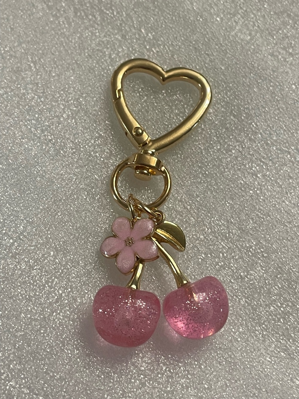 Gold Heart Keyring with Pink Cherry & Flower Charm